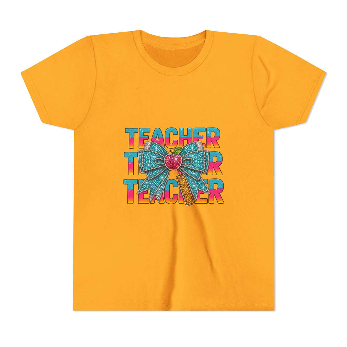 Youth Teacher Tee — Colorful Retro "Teacher" Text with Bow Pencil Graphic