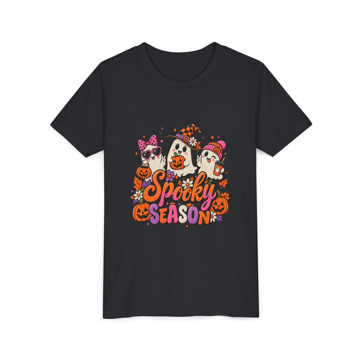 Youth Halloween Tee - "Spooky Season" Ghosts & Pumpkins Graphic Shirt