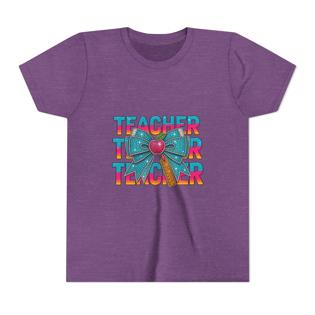 Youth Teacher Tee — Colorful Retro "Teacher" Text with Bow Pencil Graphic
