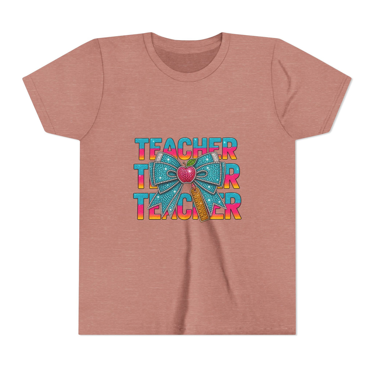 Youth Teacher Tee — Colorful Retro "Teacher" Text with Bow Pencil Graphic