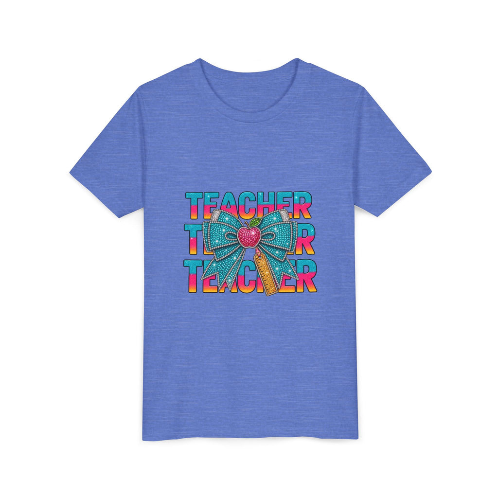 Youth Teacher Tee — Colorful Retro "Teacher" Text with Bow Pencil Graphic