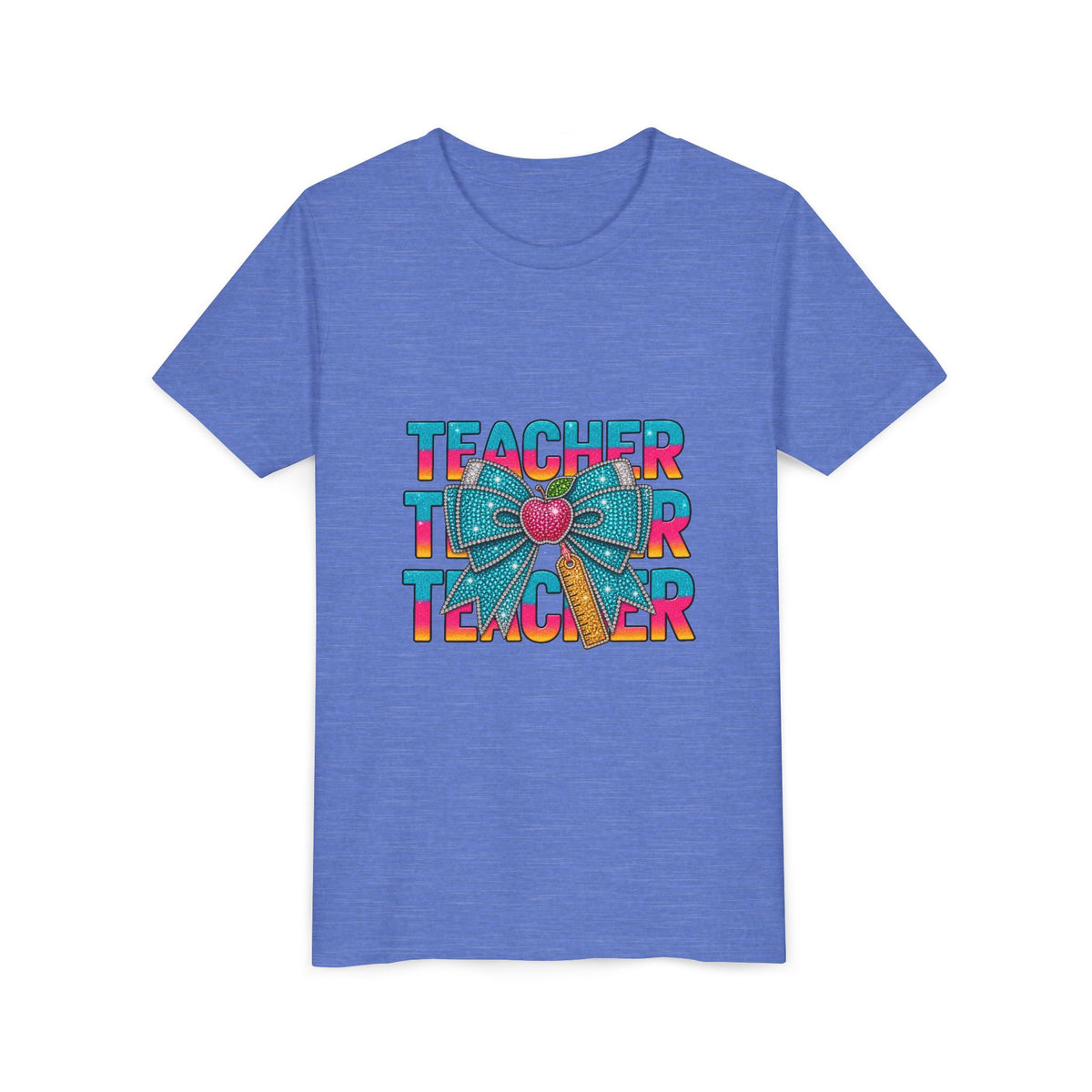 Youth Teacher Tee — Colorful Retro "Teacher" Text with Bow Pencil Graphic