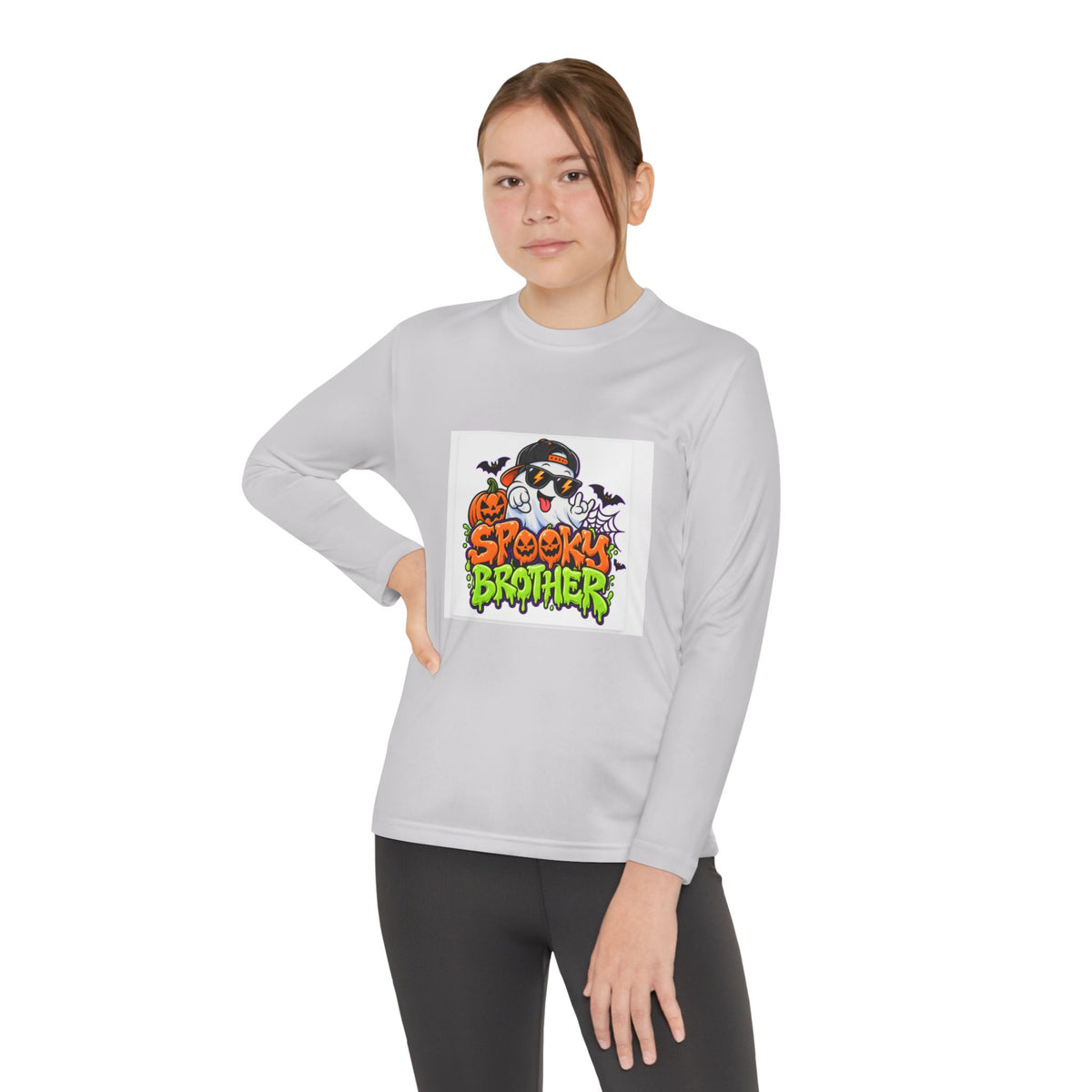 Youth Long Sleeve Tee — "Spooky Brother" Halloween Ghost Graphic