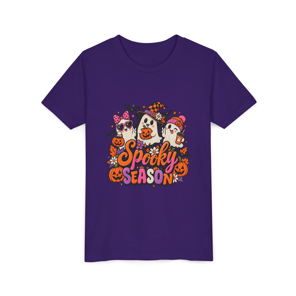 Youth Halloween Tee - "Spooky Season" Ghosts & Pumpkins Graphic Shirt