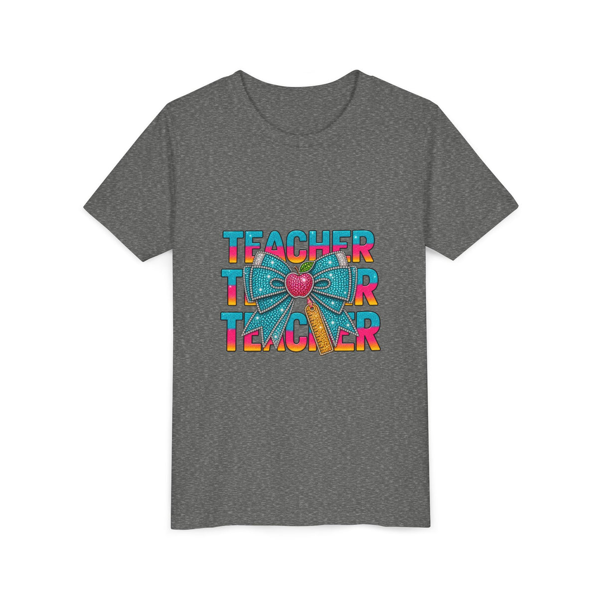 Youth Teacher Tee — Colorful Retro "Teacher" Text with Bow Pencil Graphic