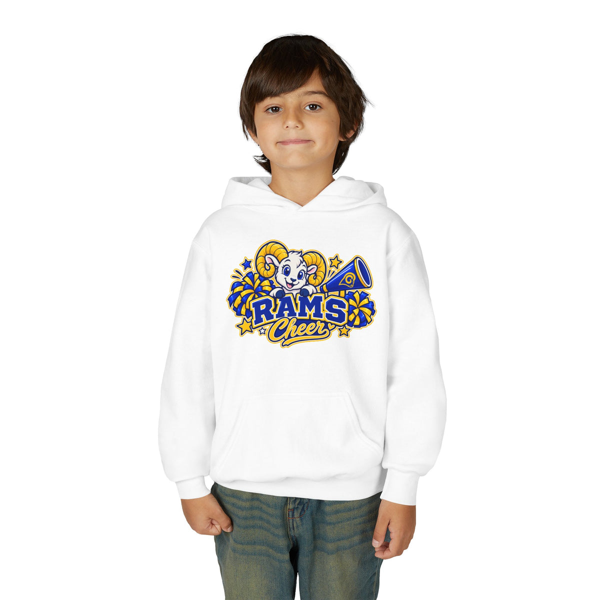 Youth Rams Cheer Hoodie – Cute Ram Mascot & Pom-Poms Team Sweatshirt
