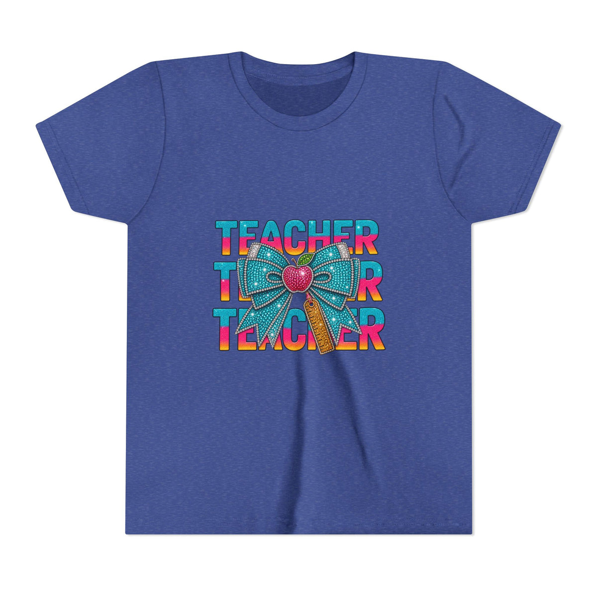 Youth Teacher Tee — Colorful Retro "Teacher" Text with Bow Pencil Graphic