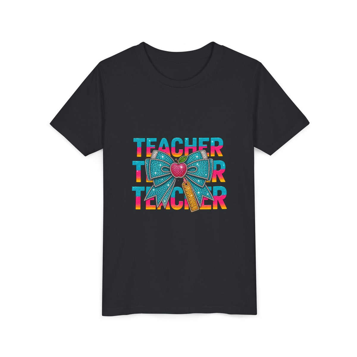 Youth Teacher Tee — Colorful Retro "Teacher" Text with Bow Pencil Graphic