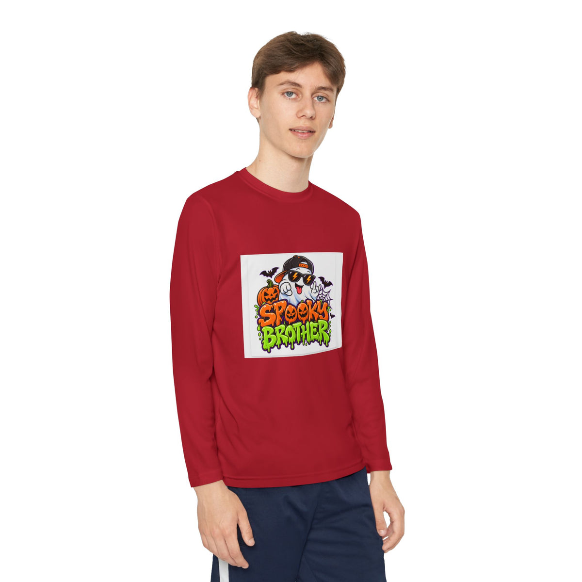 Youth Long Sleeve Tee — "Spooky Brother" Halloween Ghost Graphic