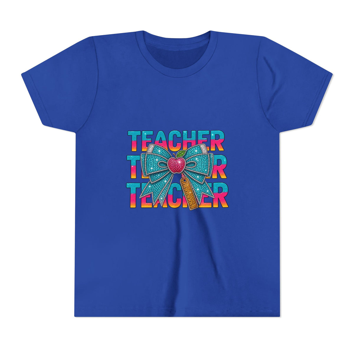 Youth Teacher Tee — Colorful Retro "Teacher" Text with Bow Pencil Graphic