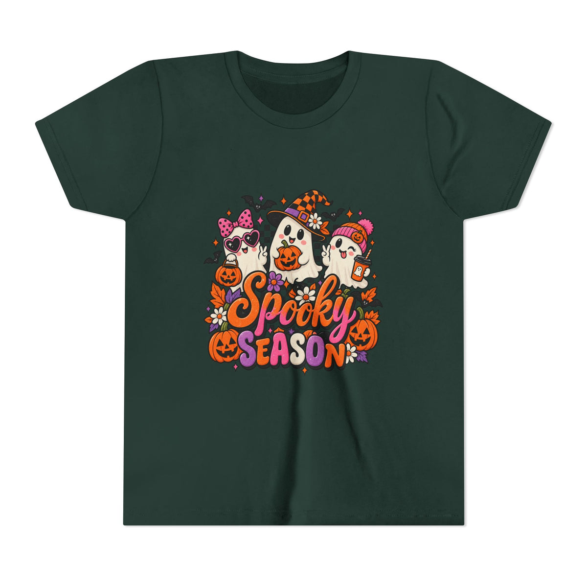 Youth Halloween Tee - "Spooky Season" Ghosts & Pumpkins Graphic Shirt