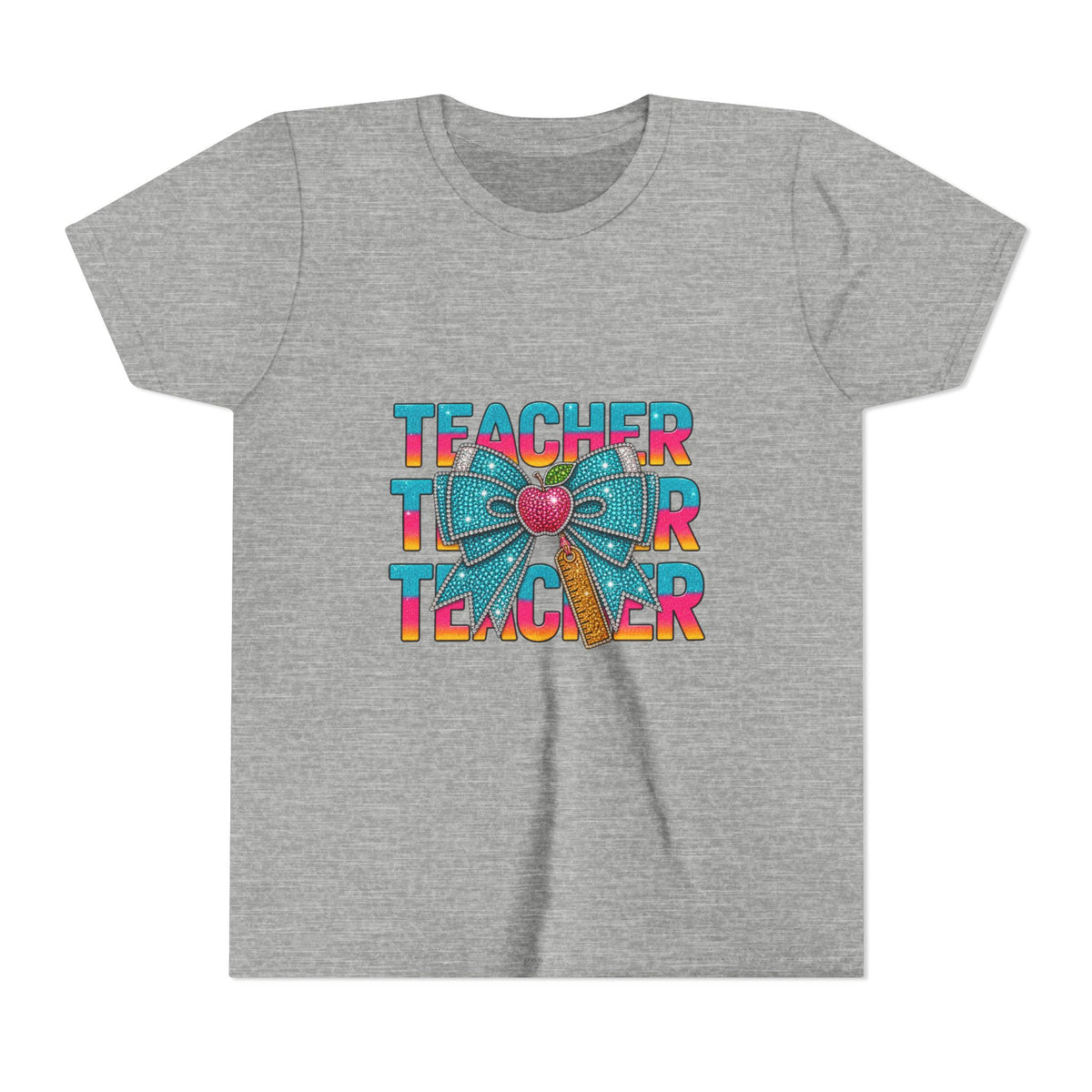 Youth Teacher Tee — Colorful Retro "Teacher" Text with Bow Pencil Graphic