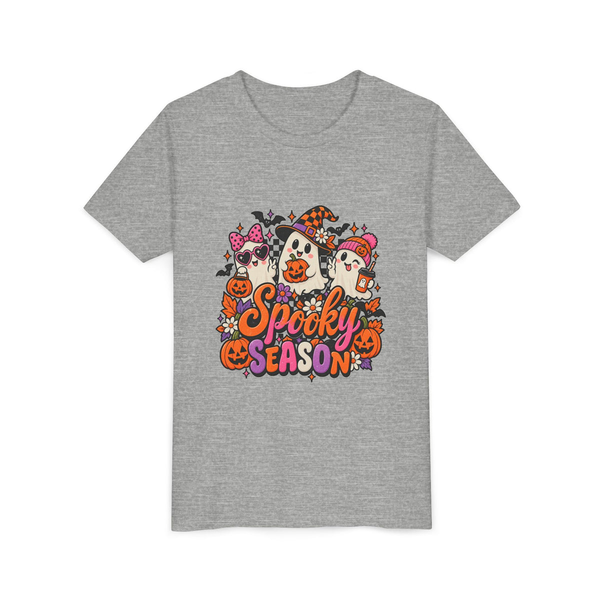 Youth Halloween Tee - "Spooky Season" Ghosts & Pumpkins Graphic Shirt