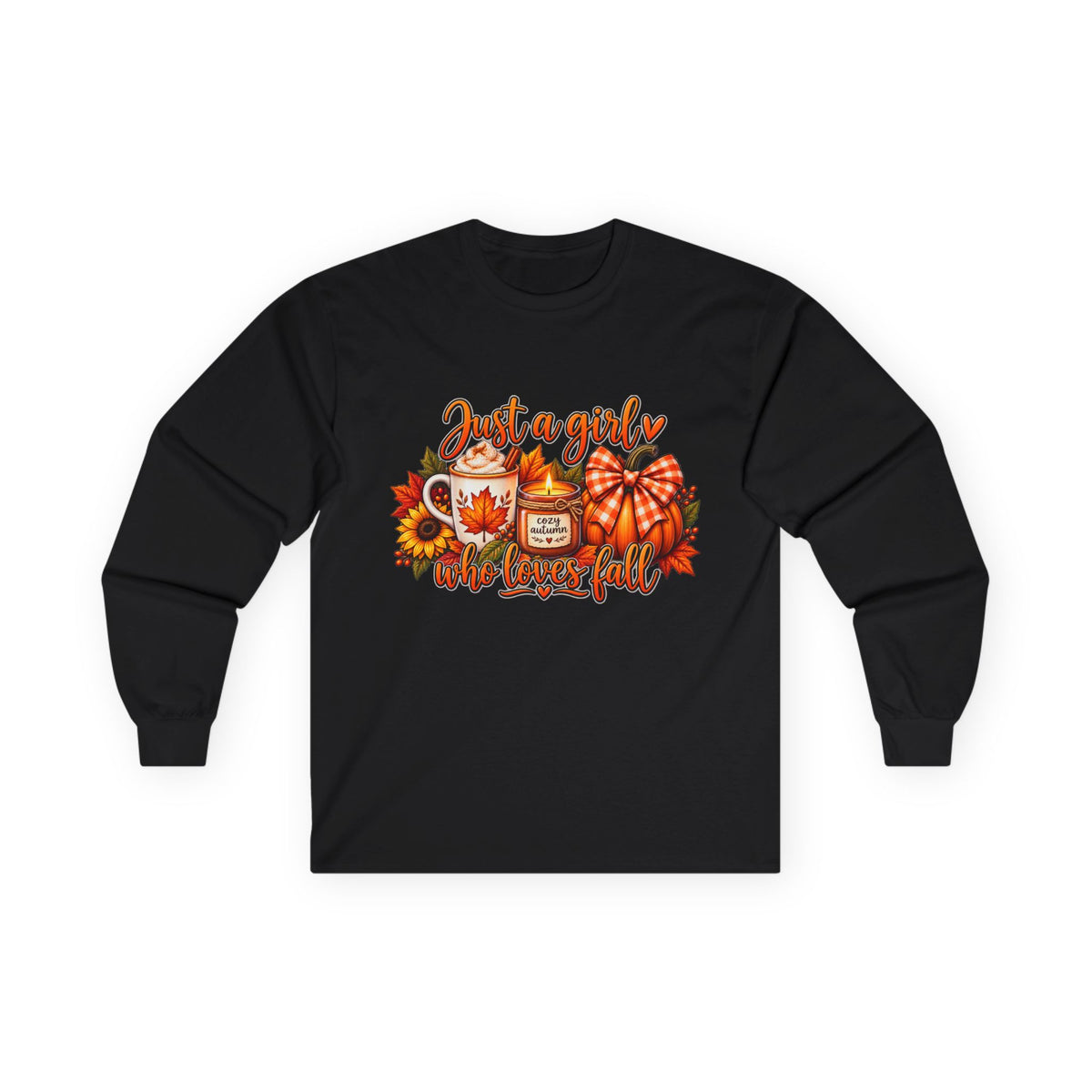 Just a Girl Who Loves Fall Long Sleeve Tee — Cozy Pumpkin & Coffee Autumn Shirt