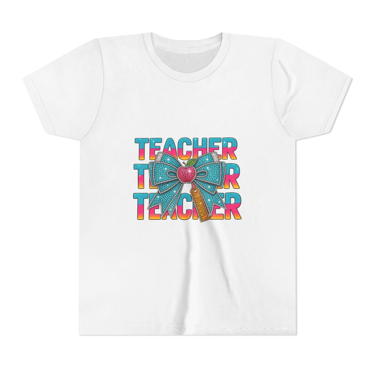 Youth Teacher Tee — Colorful Retro "Teacher" Text with Bow Pencil Graphic
