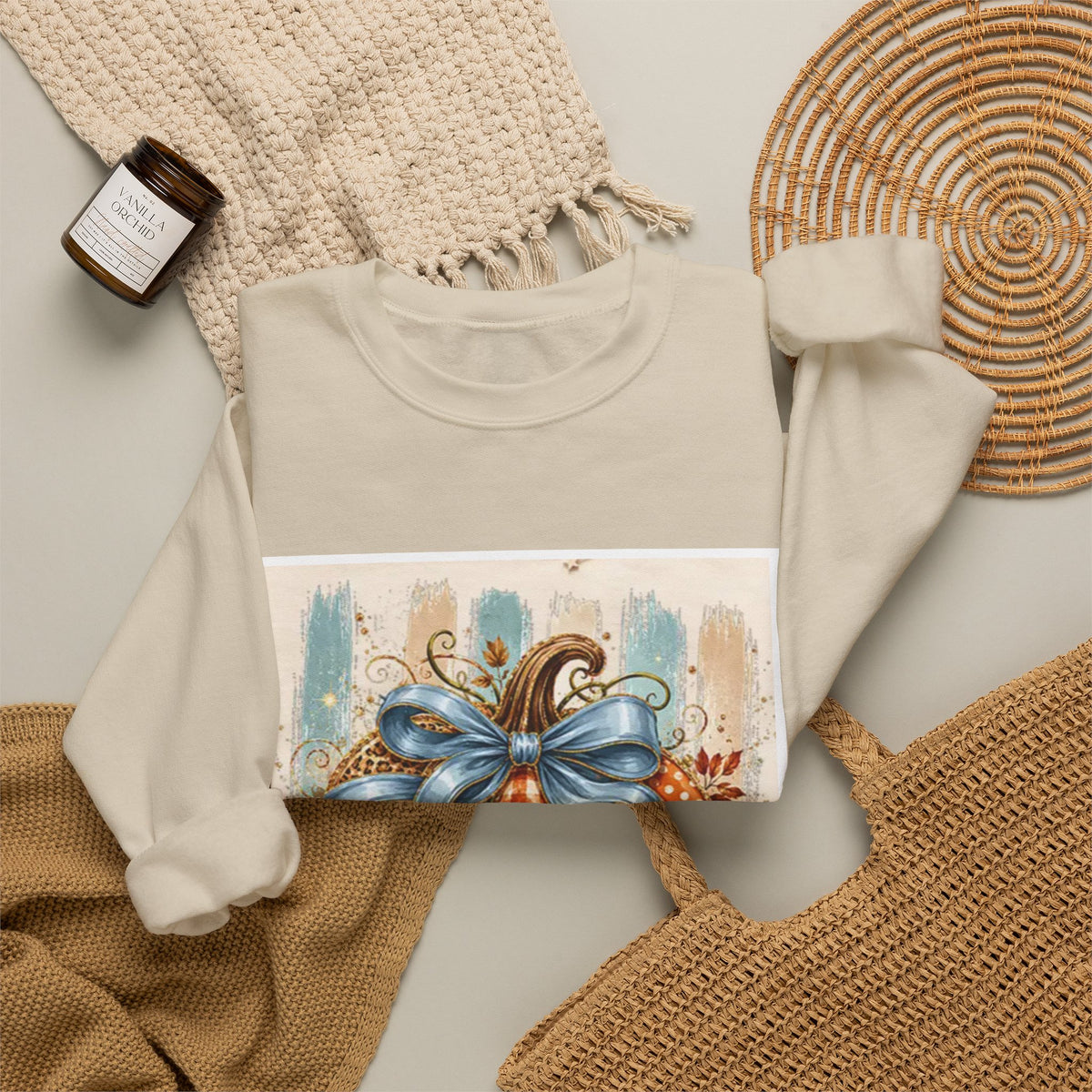 Autumn Plaid Pumpkins Crewneck Sweatshirt — Cozy Fall Pumpkin Art Pullover