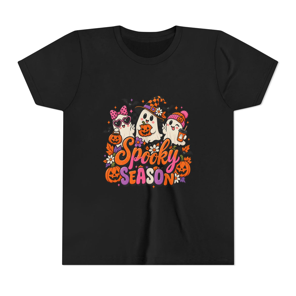 Youth Halloween Tee - "Spooky Season" Ghosts & Pumpkins Graphic Shirt
