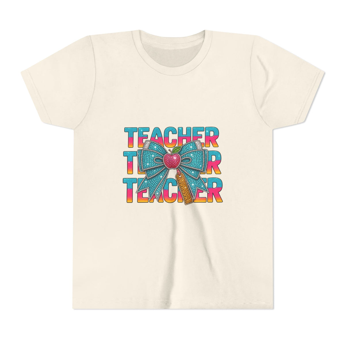 Youth Teacher Tee — Colorful Retro "Teacher" Text with Bow Pencil Graphic