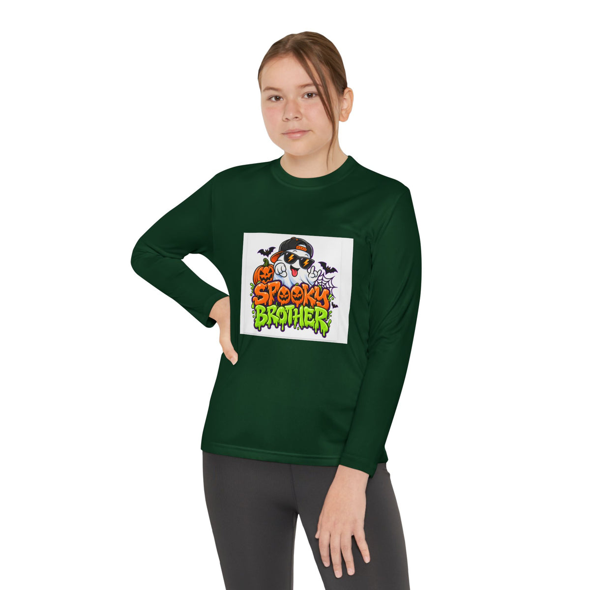 Youth Long Sleeve Tee — "Spooky Brother" Halloween Ghost Graphic