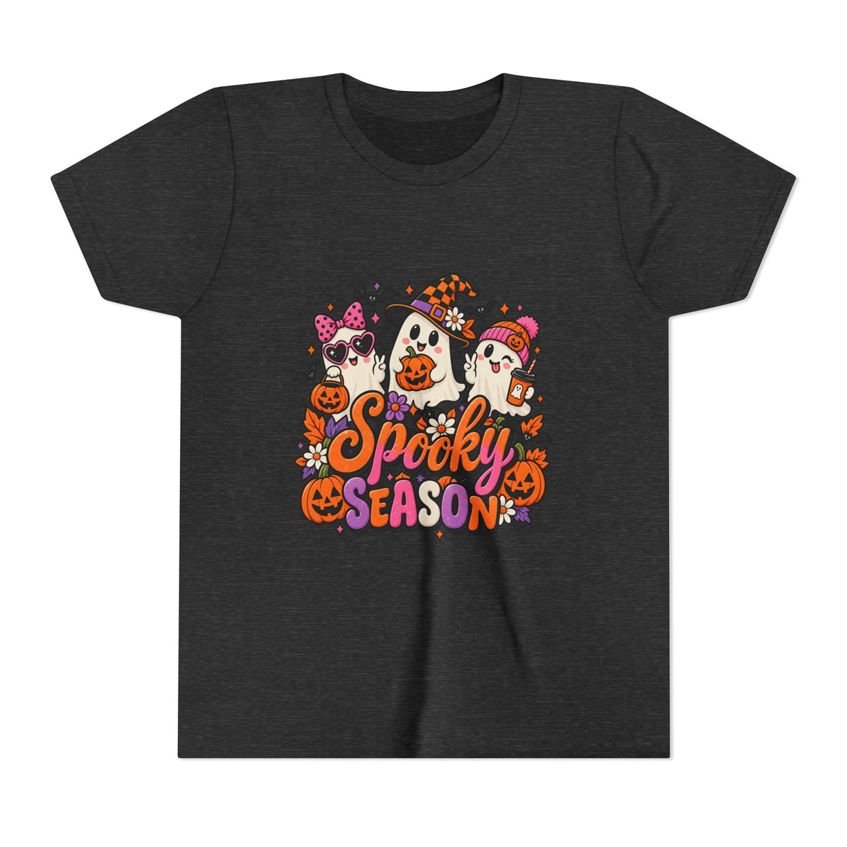 Youth Halloween Tee - "Spooky Season" Ghosts & Pumpkins Graphic Shirt