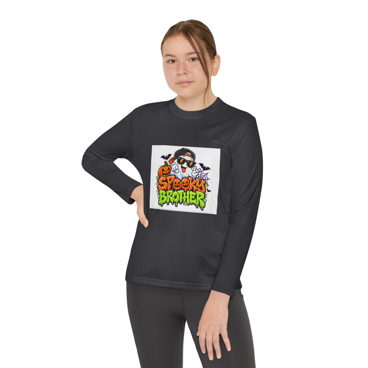 Youth Long Sleeve Tee — "Spooky Brother" Halloween Ghost Graphic