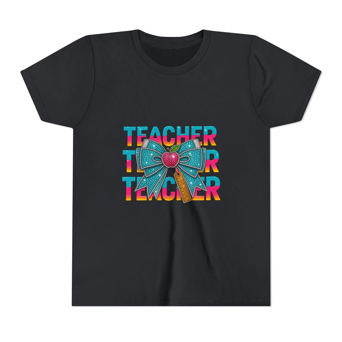 Youth Teacher Tee — Colorful Retro "Teacher" Text with Bow Pencil Graphic