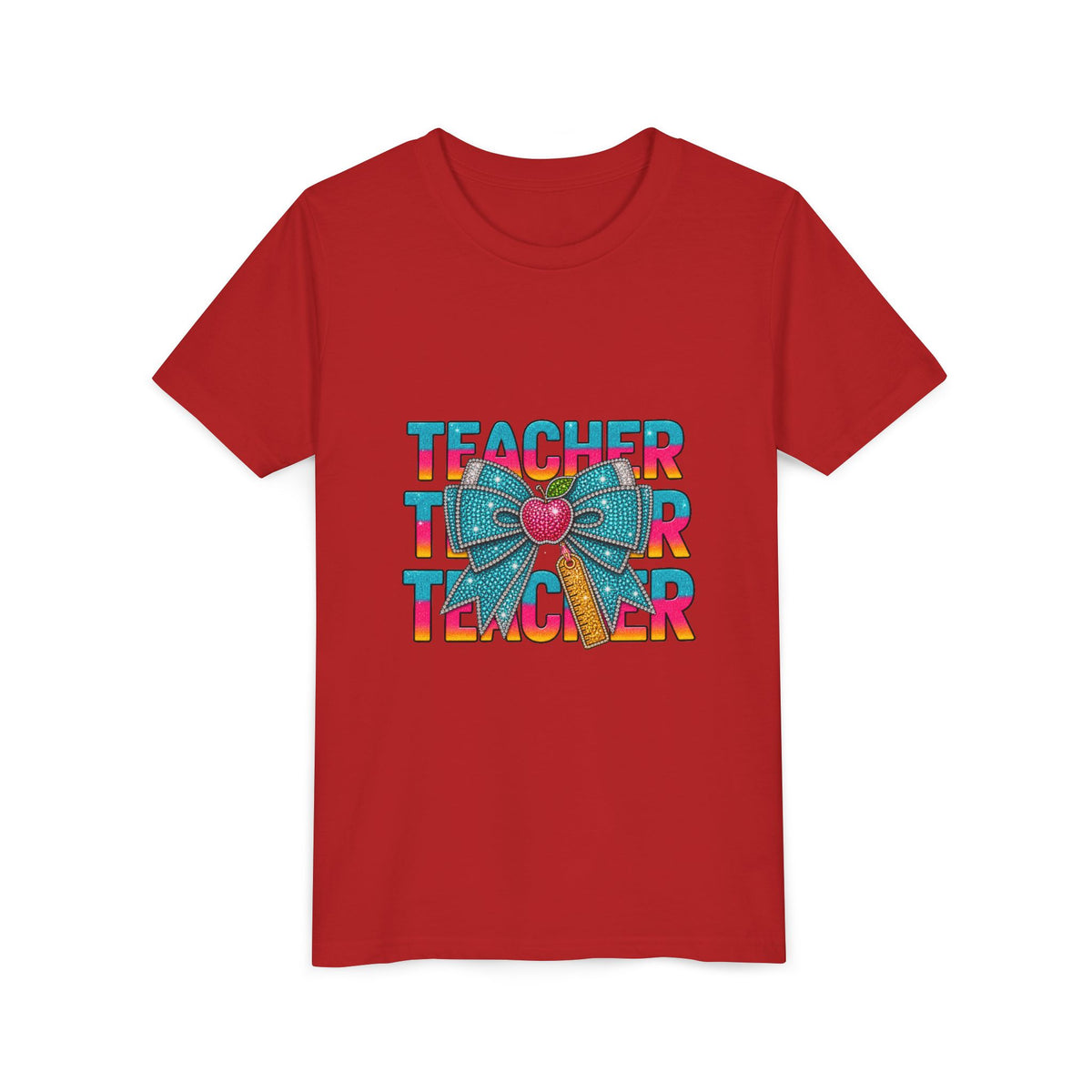 Youth Teacher Tee — Colorful Retro "Teacher" Text with Bow Pencil Graphic