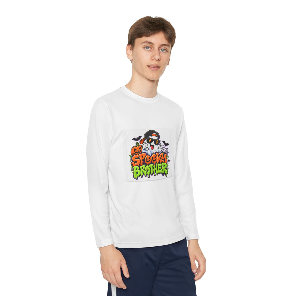 Youth Long Sleeve Tee — "Spooky Brother" Halloween Ghost Graphic