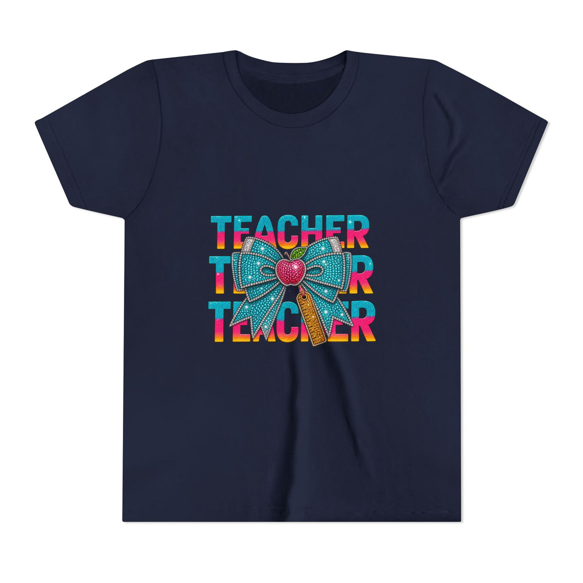 Youth Teacher Tee — Colorful Retro "Teacher" Text with Bow Pencil Graphic