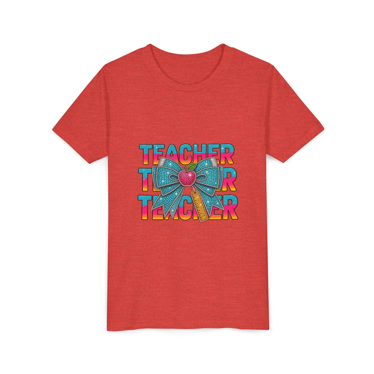 Youth Teacher Tee — Colorful Retro "Teacher" Text with Bow Pencil Graphic
