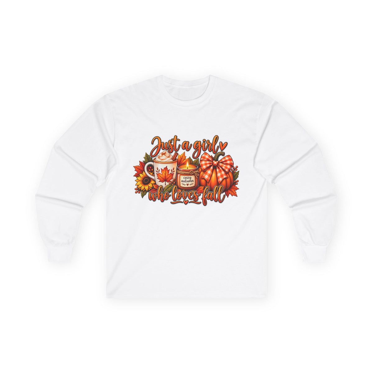 Just a Girl Who Loves Fall Long Sleeve Tee — Cozy Pumpkin & Coffee Autumn Shirt
