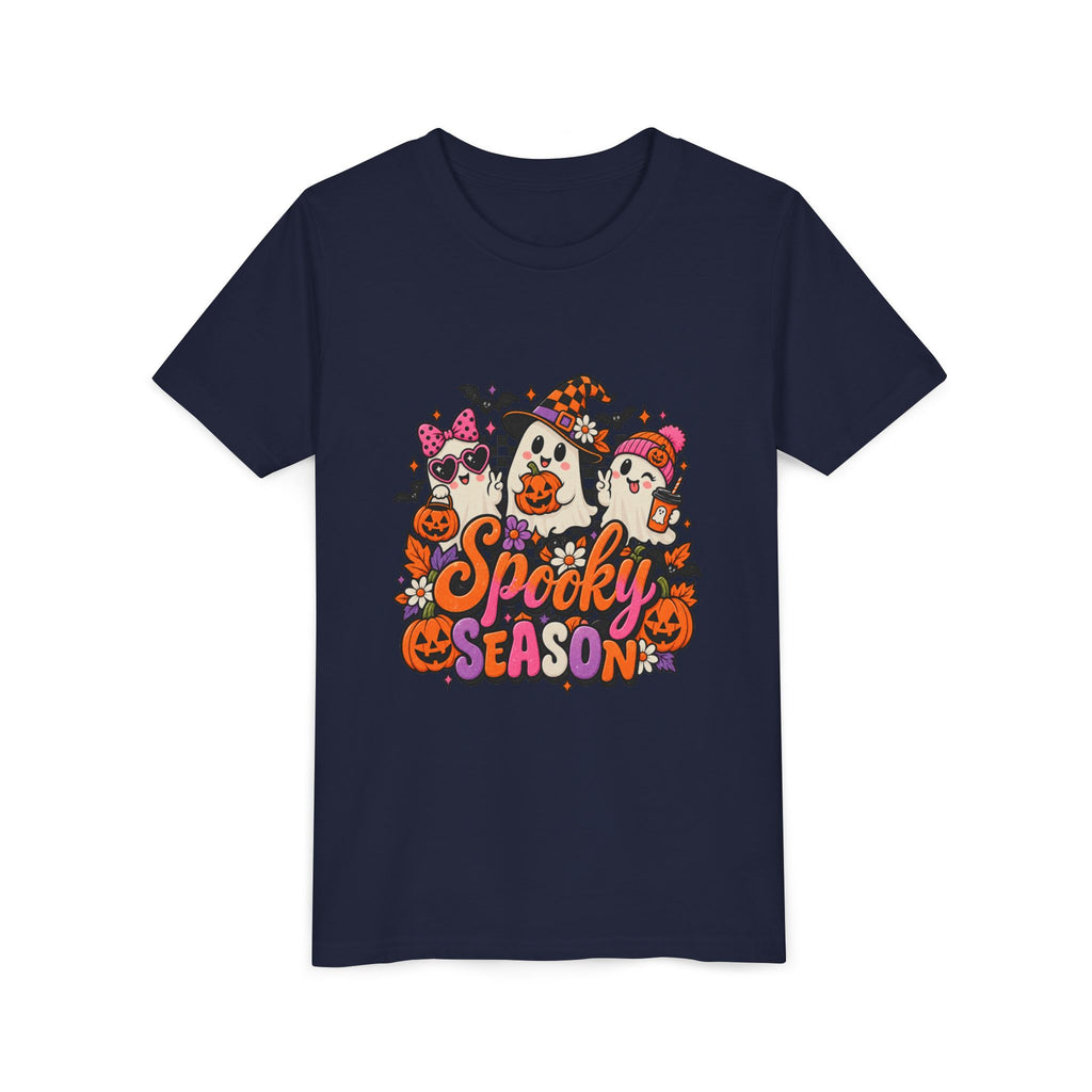 Youth Halloween Tee - "Spooky Season" Ghosts & Pumpkins Graphic Shirt