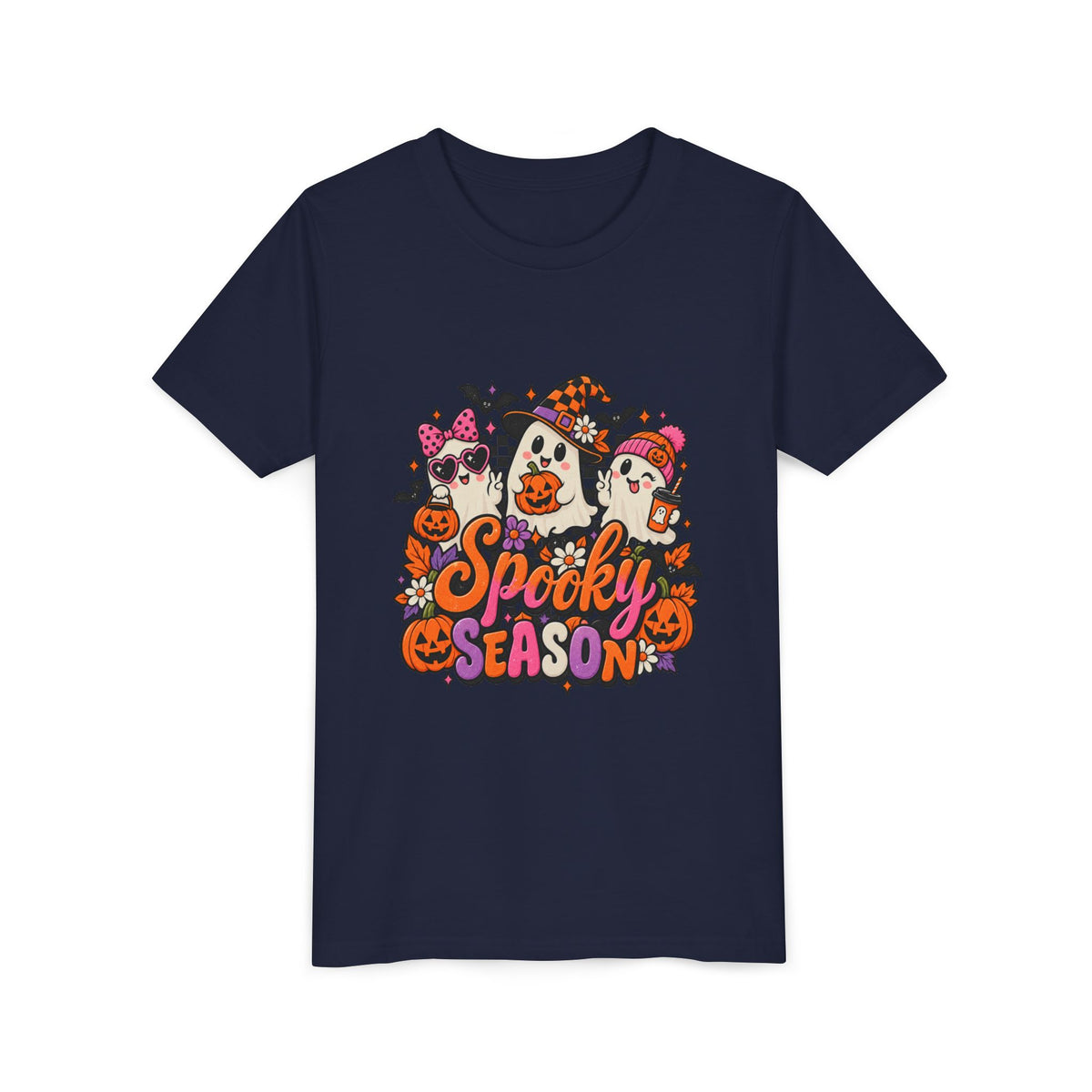 Youth Halloween Tee - "Spooky Season" Ghosts & Pumpkins Graphic Shirt