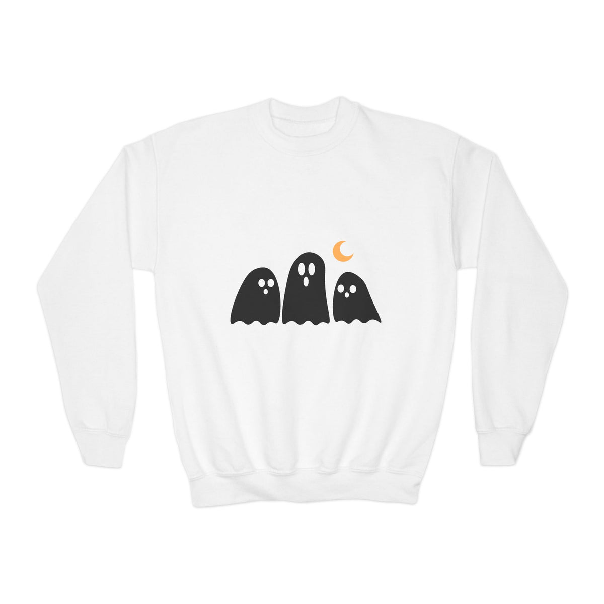 Youth Crewneck Sweatshirt — Cute Ghost Trio with Crescent Moon (Kids' Halloween Pullover)