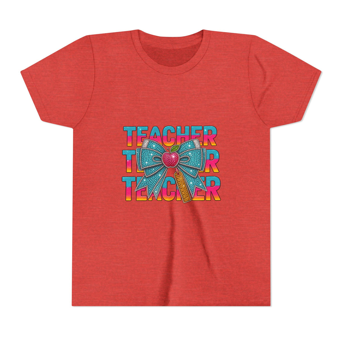 Youth Teacher Tee — Colorful Retro "Teacher" Text with Bow Pencil Graphic