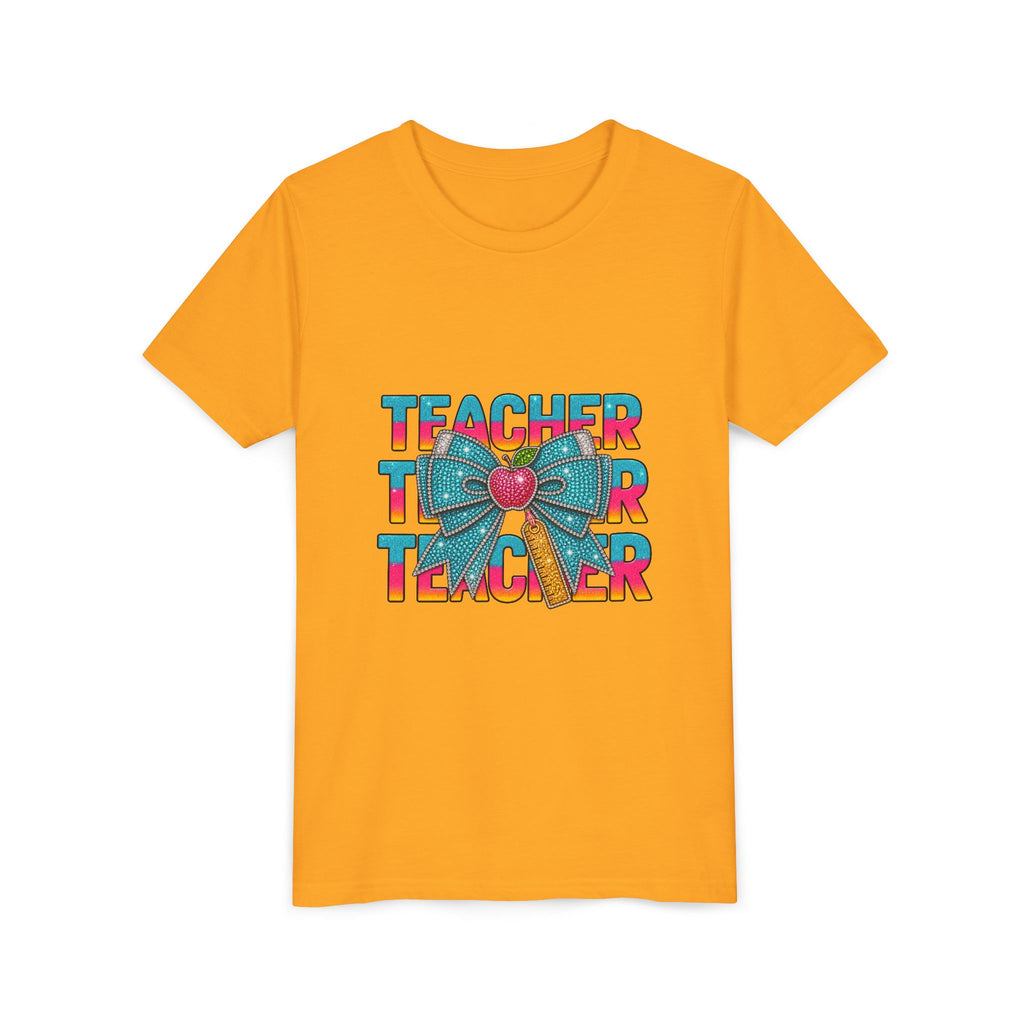Youth Teacher Tee — Colorful Retro "Teacher" Text with Bow Pencil Graphic