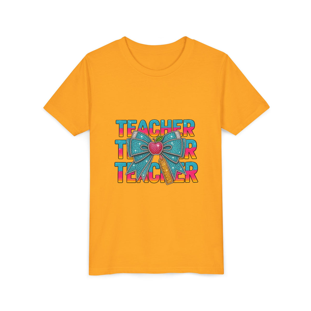 Youth Teacher Tee — Colorful Retro "Teacher" Text with Bow Pencil Graphic