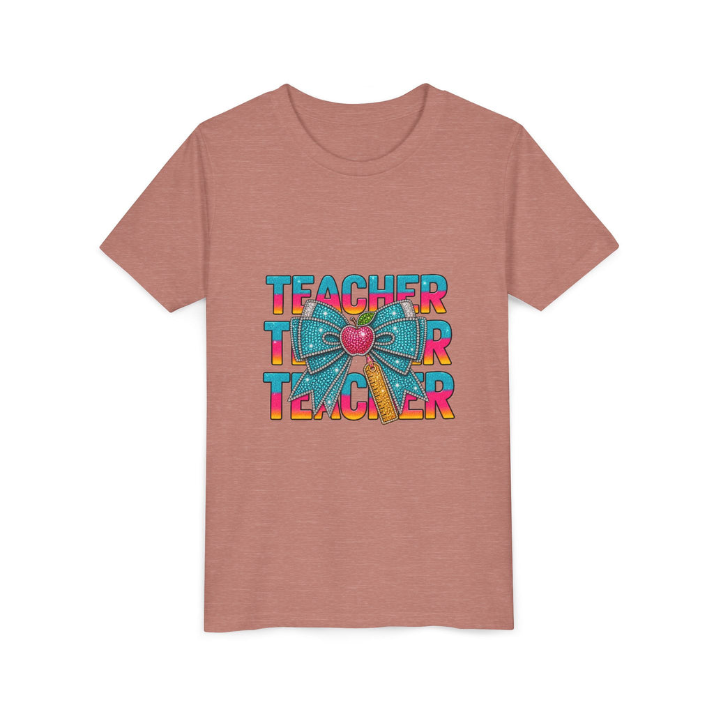 Youth Teacher Tee — Colorful Retro "Teacher" Text with Bow Pencil Graphic
