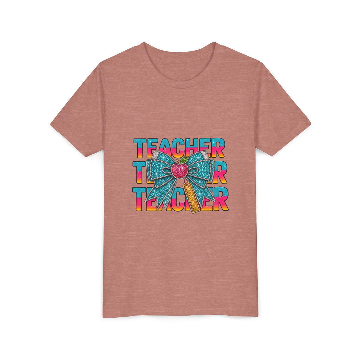 Youth Teacher Tee — Colorful Retro "Teacher" Text with Bow Pencil Graphic