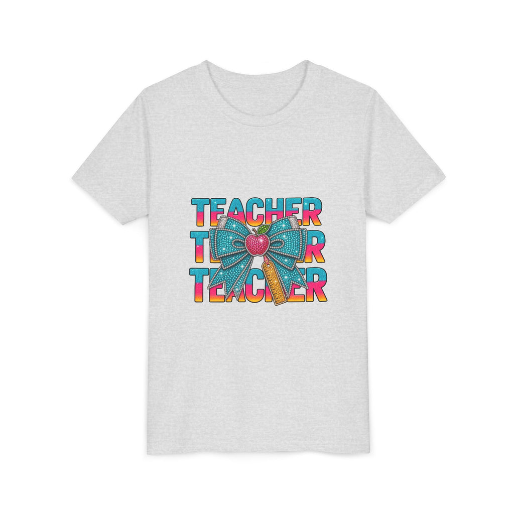 Youth Teacher Tee — Colorful Retro "Teacher" Text with Bow Pencil Graphic