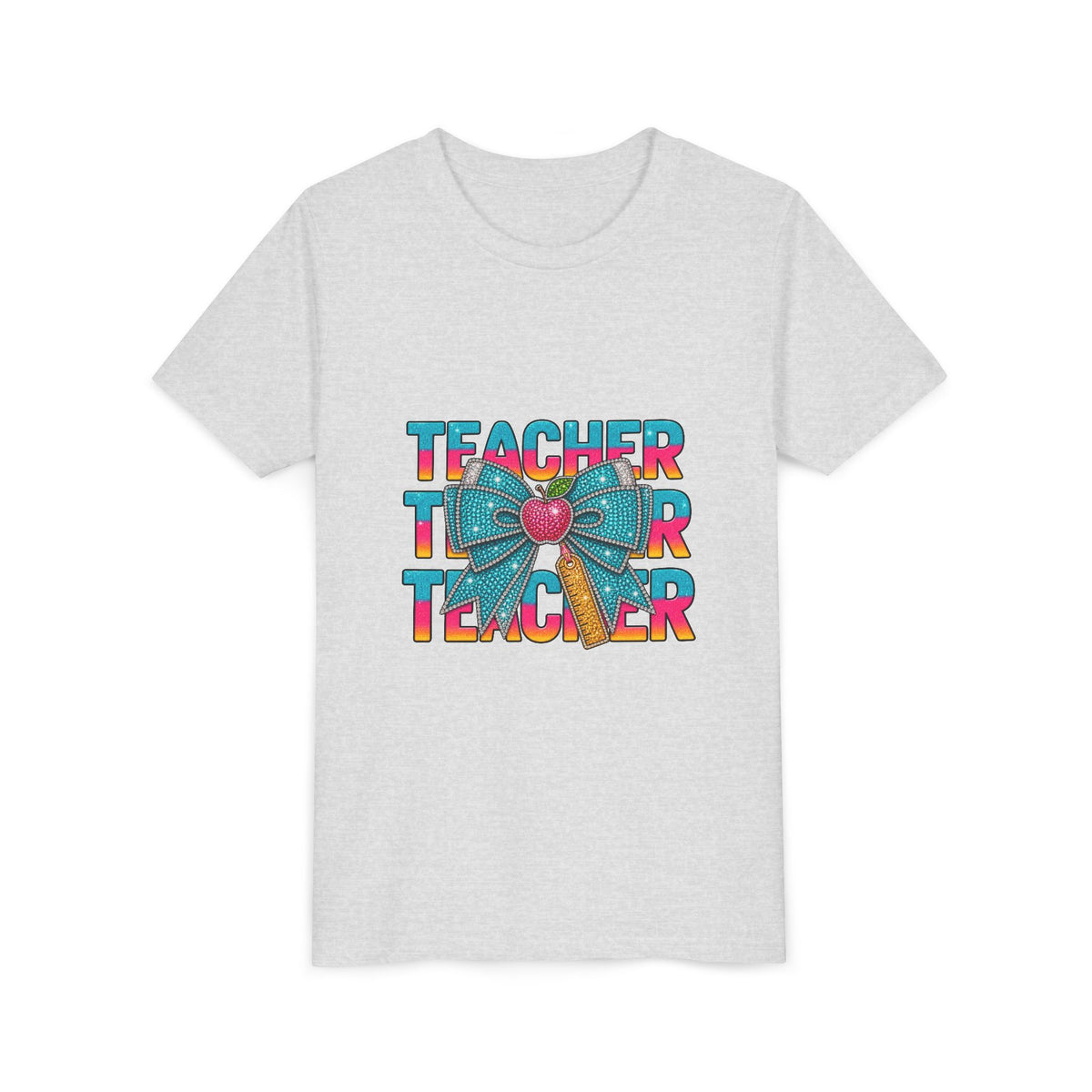 Youth Teacher Tee — Colorful Retro "Teacher" Text with Bow Pencil Graphic