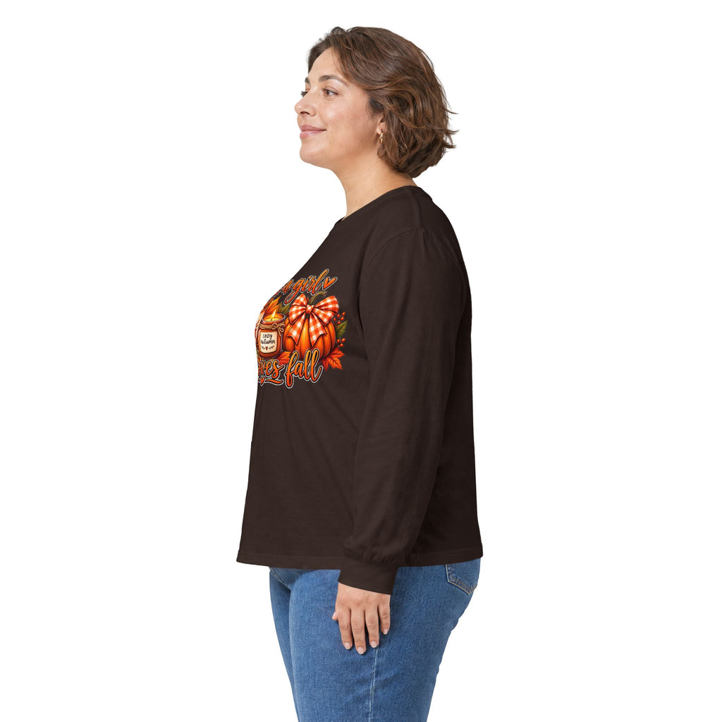 Just a Girl Who Loves Fall Long Sleeve Tee — Cozy Pumpkin & Coffee Autumn Shirt