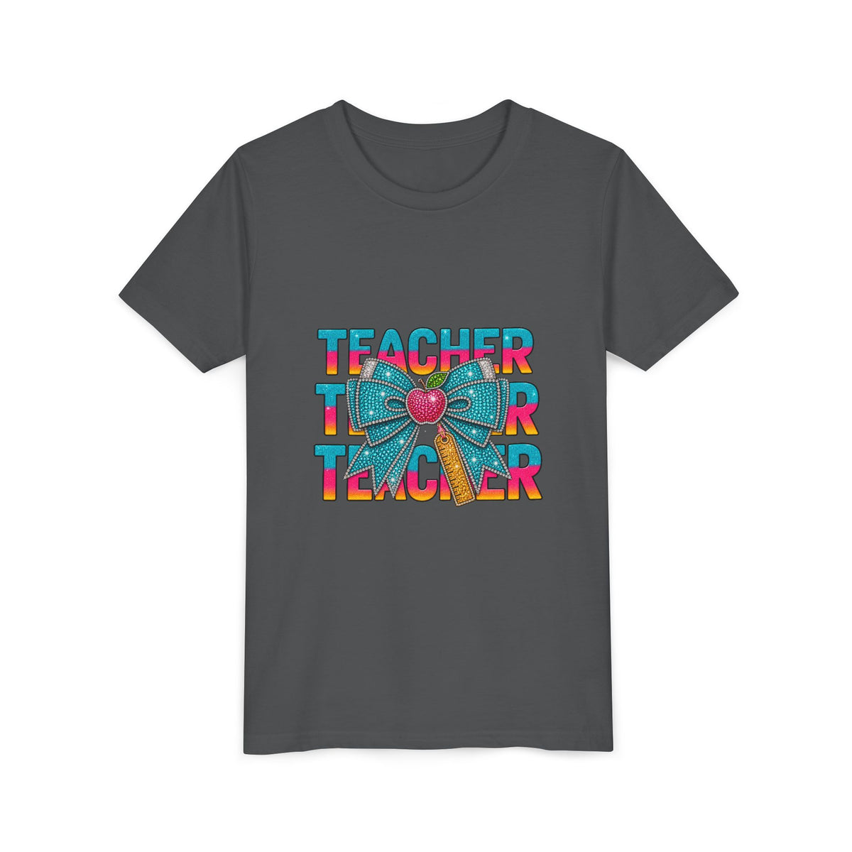 Youth Teacher Tee — Colorful Retro "Teacher" Text with Bow Pencil Graphic