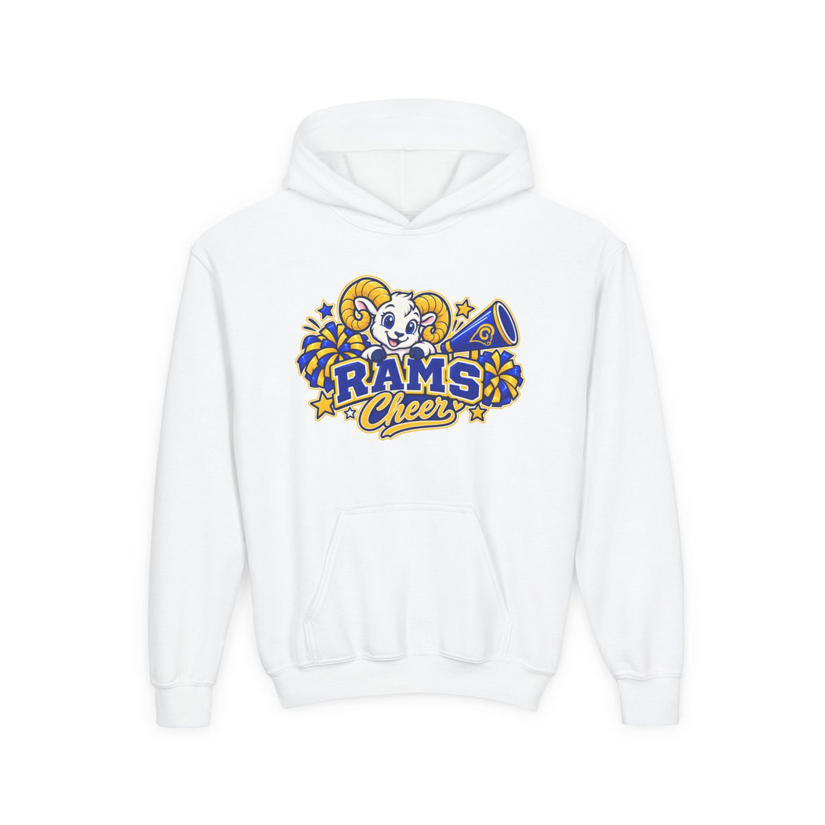 Youth Rams Cheer Hoodie – Cute Ram Mascot & Pom-Poms Team Sweatshirt