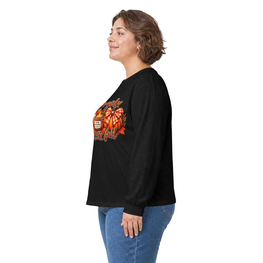 Just a Girl Who Loves Fall Long Sleeve Tee — Cozy Pumpkin & Coffee Autumn Shirt
