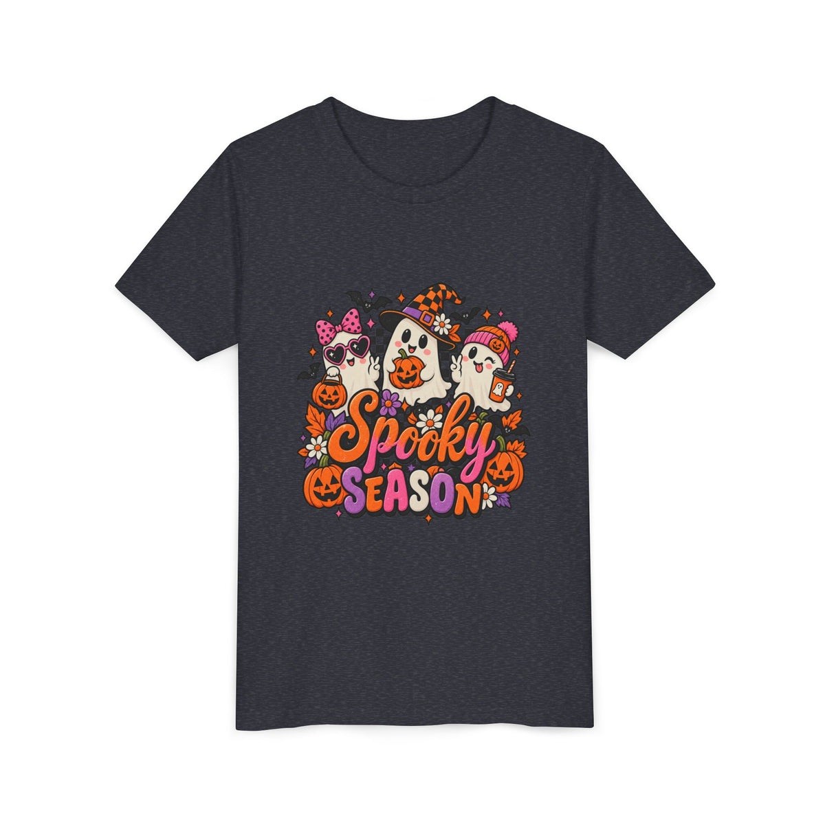 Youth Halloween Tee - "Spooky Season" Ghosts & Pumpkins Graphic Shirt