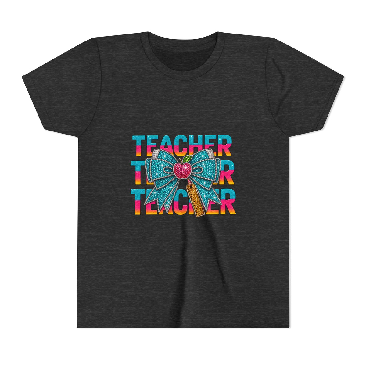 Youth Teacher Tee — Colorful Retro "Teacher" Text with Bow Pencil Graphic