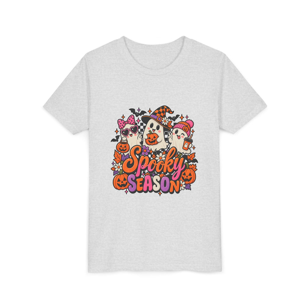 Youth Halloween Tee - "Spooky Season" Ghosts & Pumpkins Graphic Shirt