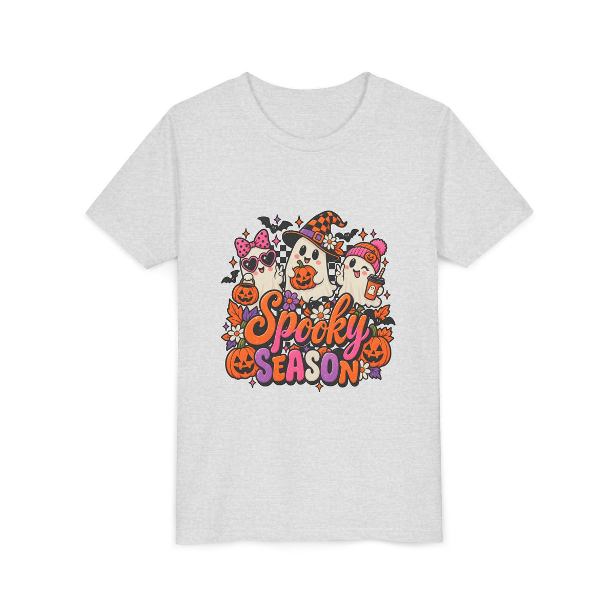 Youth Halloween Tee - "Spooky Season" Ghosts & Pumpkins Graphic Shirt