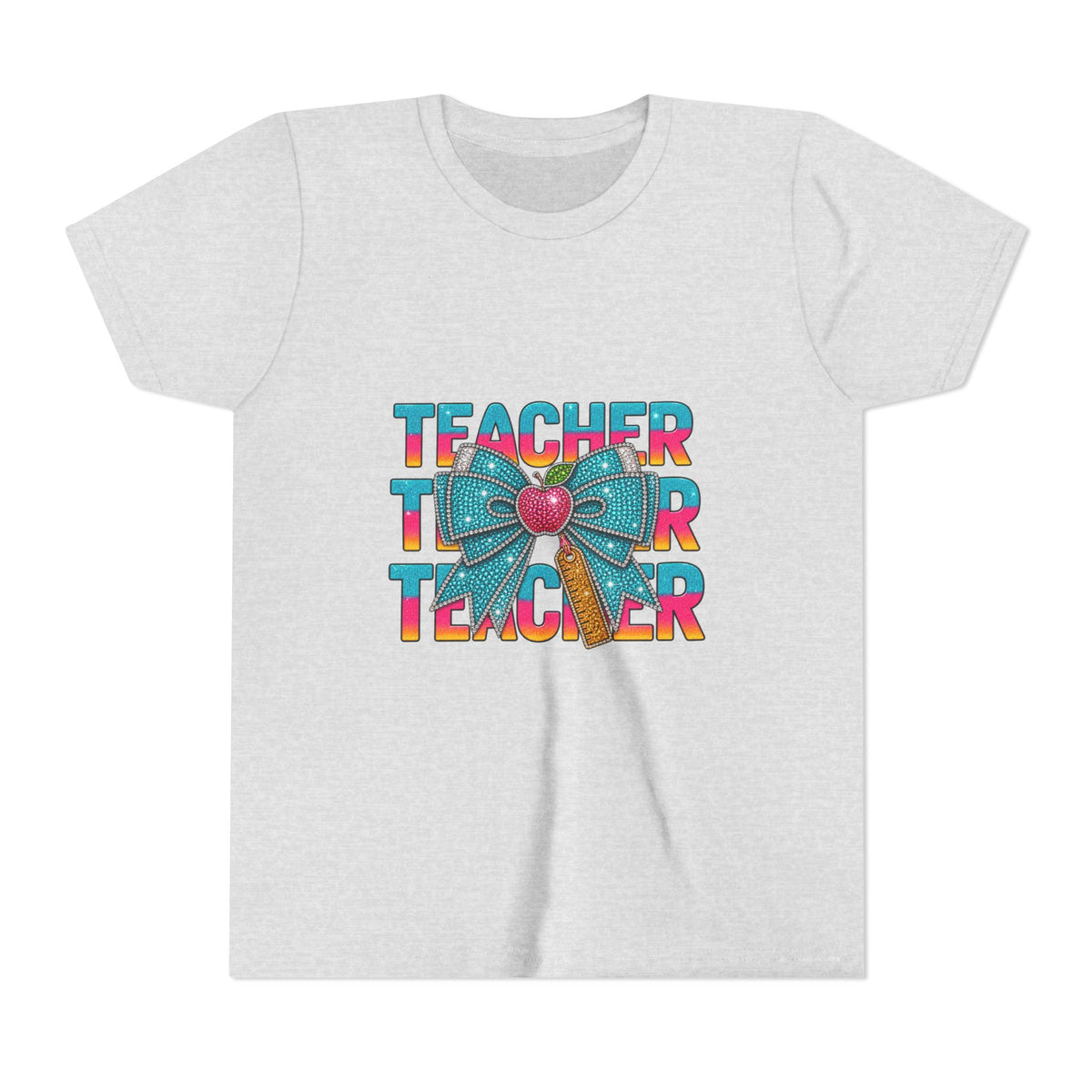 Youth Teacher Tee — Colorful Retro "Teacher" Text with Bow Pencil Graphic
